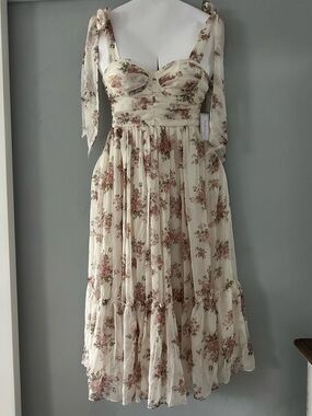 Premier Amour Cream Midi Dress with Rose Floral Print and Tie Straps
